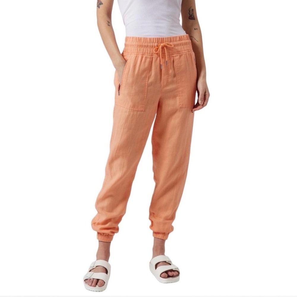 Athleta Cabo Linen Jogger Pants Melon Orange Drawstring Pockets Beach Resort